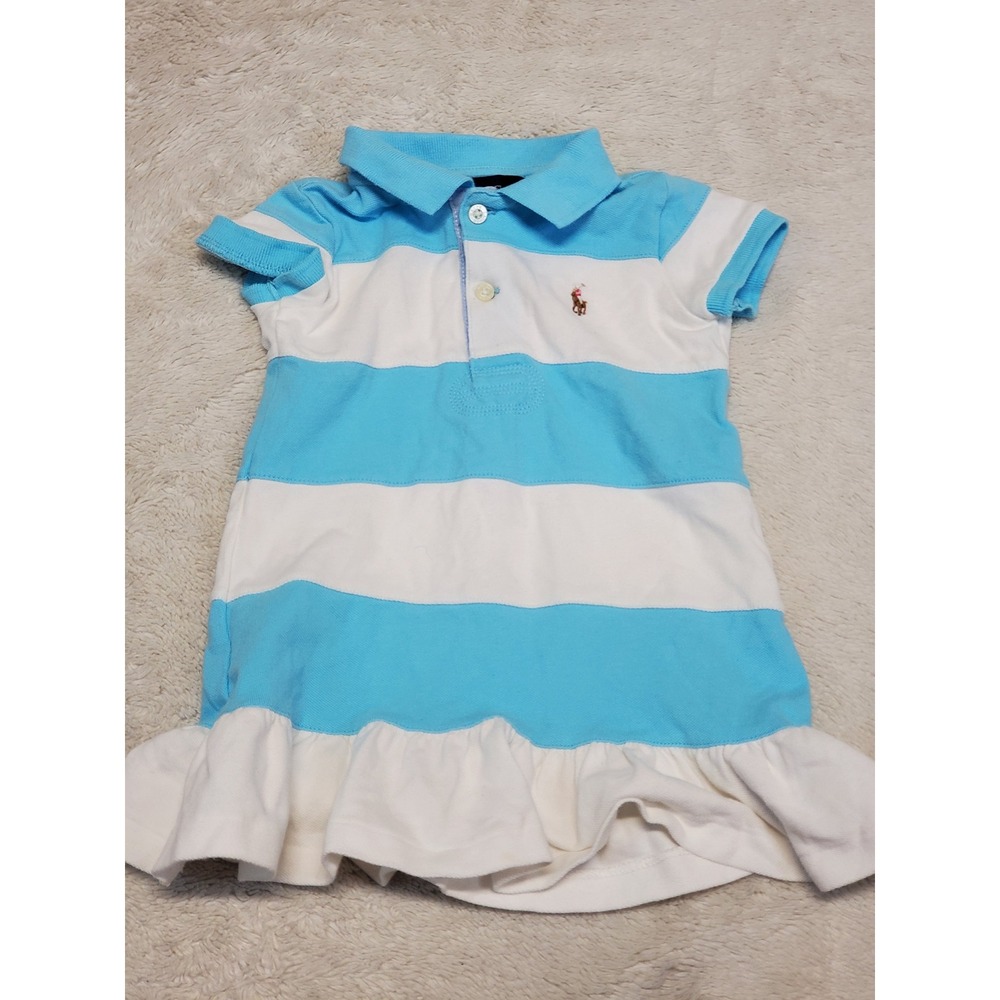Ralph Lauren Blue White Striped Ruffle Short Sleeve Polo Dress 18‎ months casual